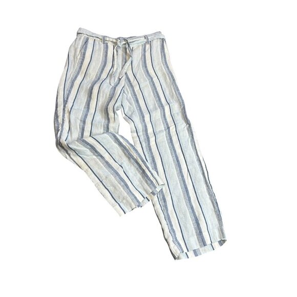 Talbots Coastal Blue White Stripe Linen Wide Leg Pants Size 6 Petite - Picture 1 of 10